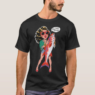 Camiseta Uma mulher de desenho animado segurando um grande