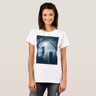 Camiseta uma mulher fantasma em um vestido branco fica em f