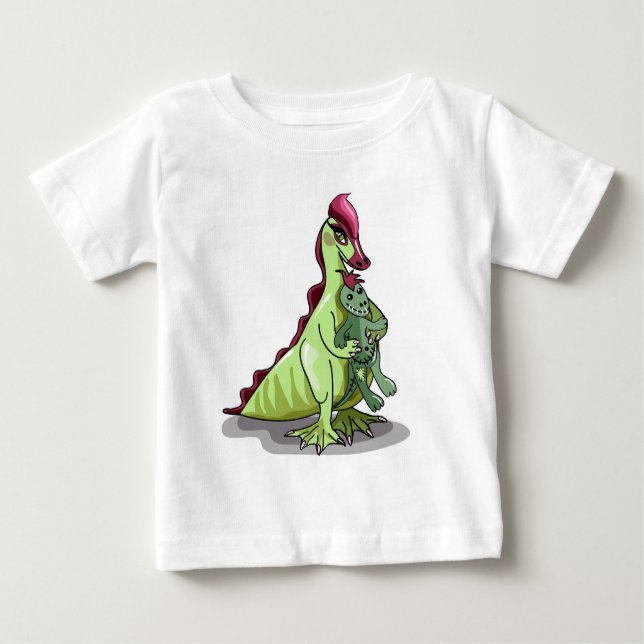 Camiseta Uma Mulher Hadrosaurus Segurando Uma Boneca. (Frente)