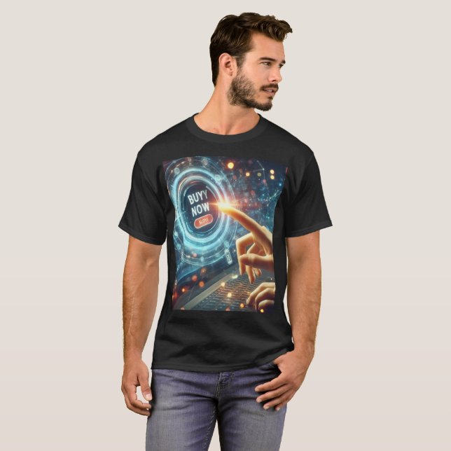Camiseta uma pessoa usando um laptop com a palavra comprar  (Frente Completa)