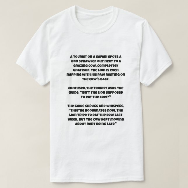 Camiseta Uma piada de IA sobre um leão e uma vaca (Frente do Design)