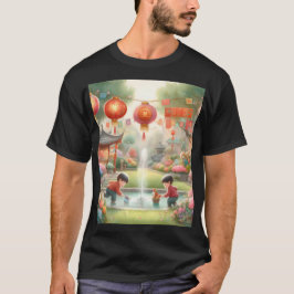 Camiseta uma pintura de duas crianças brincando numa fonte