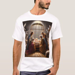 Camiseta uma pintura de reyes magos e baby com uma gaiola