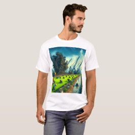 Camiseta uma pintura de um campo que tem uma grua nele