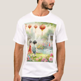 Camiseta uma pintura de um casal em um jardim com uma garot