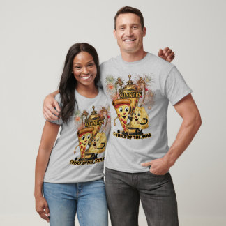 Camiseta Uma Pizza e Queijo Dançando Juntos em um Cinza