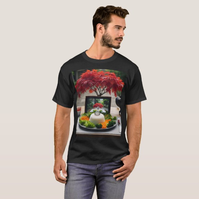 Camiseta uma placa de comida e uma câmera sobre uma mesa co (Frente Completa)