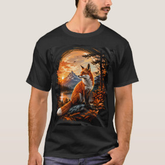 Camiseta Uma raposa na natureza, raposa com floresta e sol