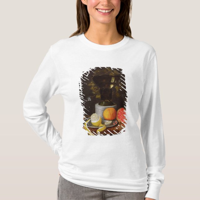 Camiseta Uma vida imóvel com um vidro e uma fruta em uma (Frente)