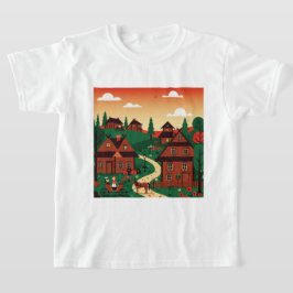 Camiseta Uma vila desenhada em um estilo de ilustração