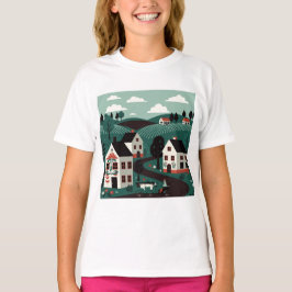Camiseta Uma vila desenhada em um estilo de ilustração