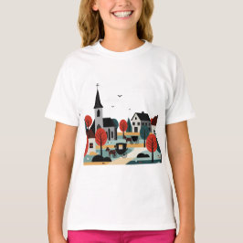 Camiseta Uma vila desenhada em um estilo de ilustração