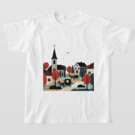 Camiseta Uma vila desenhada em um estilo de ilustração