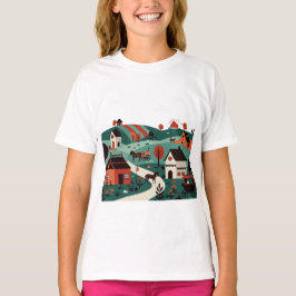 Camiseta Uma vila desenhada em um estilo de ilustração
