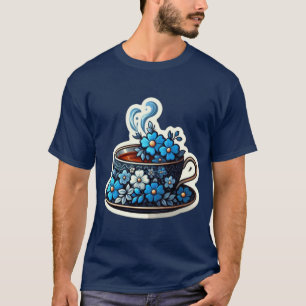 Camiseta uma xícara com fluxo azul decorativo cheia de chá
