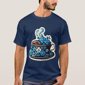 Camiseta uma xícara com fluxo azul decorativo cheia de chá
