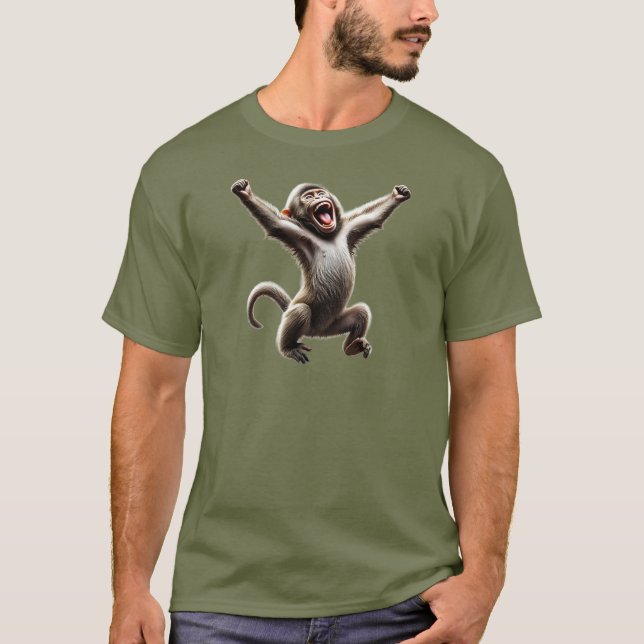 Camiseta Un singe excité les bras en l'air. (Frente)
