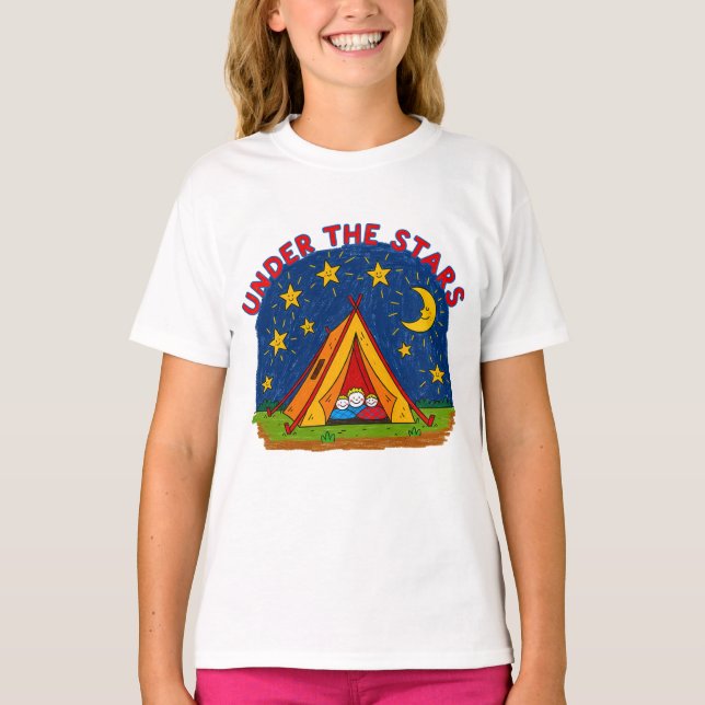 Camiseta Under the Stars Kids Camping Drawing (Frente)