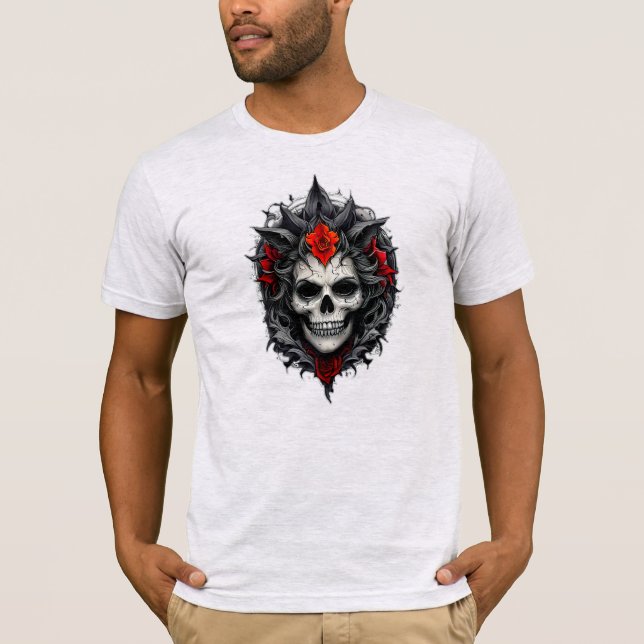 Camiseta Une tête de mort parmi les roses. (Frente)