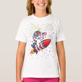 Camiseta Unicorn 4 de Julho Patriótico Foguete e Fogos de A