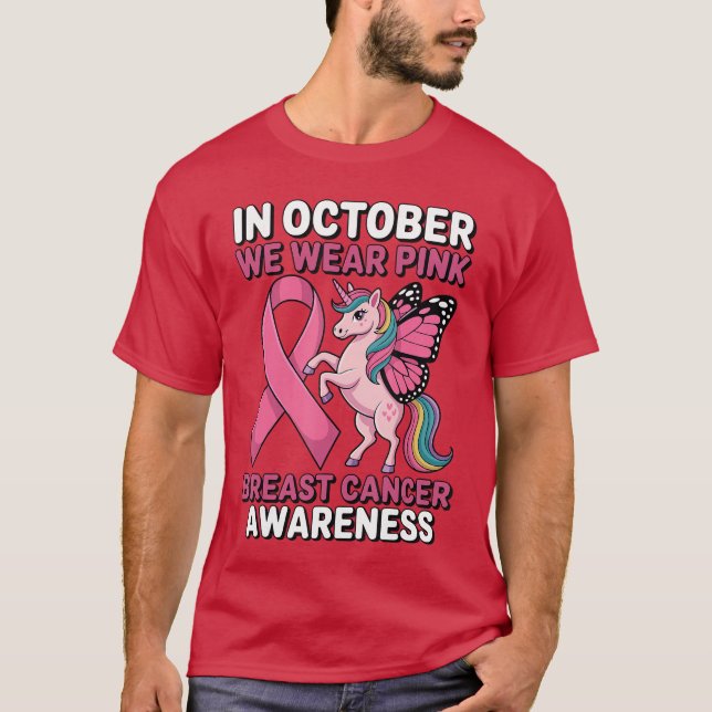 Camiseta Unicorn Breast Cancer Awareness in October We Wear (Frente)