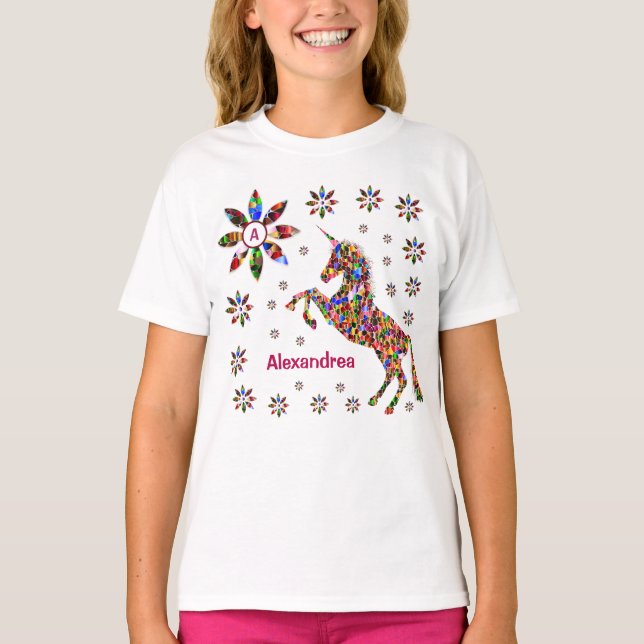 Camiseta Unicorn Fantasy Flowers Glitter Personalize (Frente)