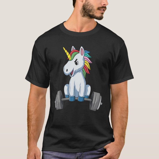 Camiseta Unicorn Gym Levantando Peso Unicórnio Levantando U (Frente)