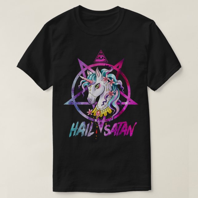 Camiseta Unicorn Hail Satan Death Metal Rainbow Rave Men 67 (Frente do Design)