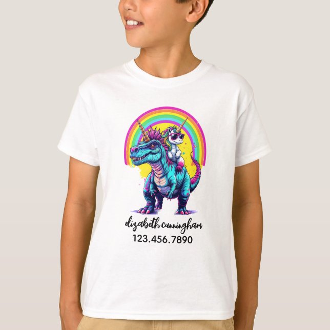 Camiseta Unicorn Riding Dinosaur Rainbow Name school (Frente)