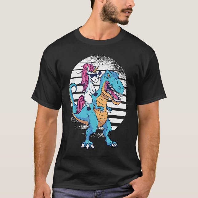 Camiseta Unicorn Riding Dinosaur Rex Retro Sunset Boys Girl (Frente)