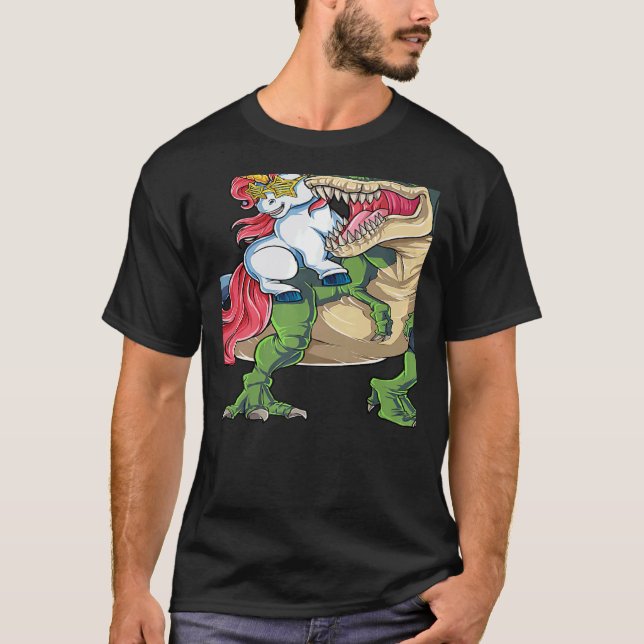 Camiseta Unicorn Riding rex Dinosaur Rainbow Boys Girls Tee (Frente)