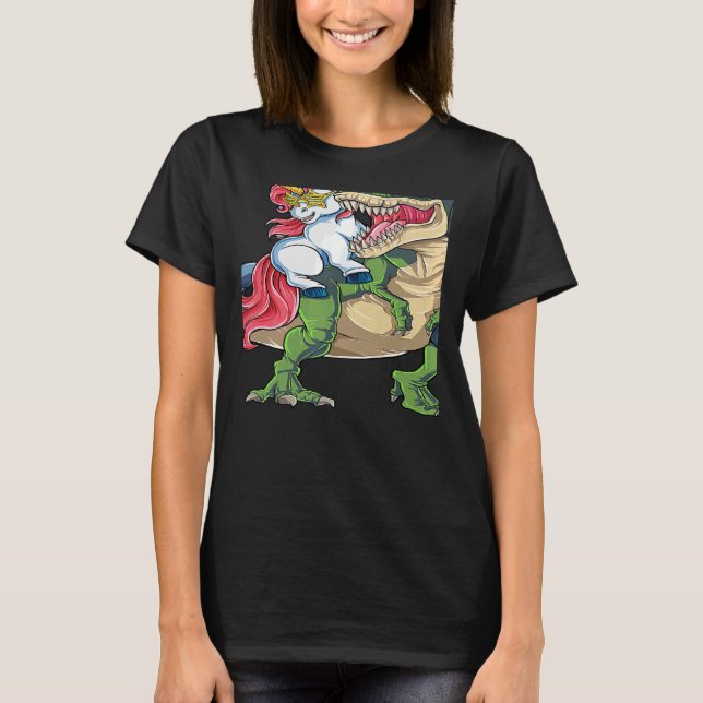 Camiseta Unicorn Riding rex Dinosaur Rainbow Boys Girls Tee (Frente)