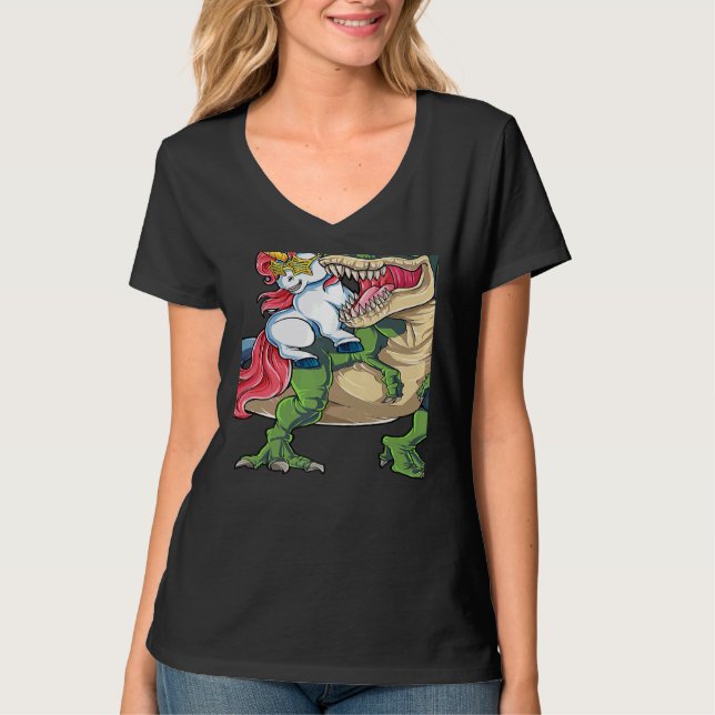 Camiseta Unicorn Riding rex Dinosaur Rainbow Boys Girls Tee (Frente)