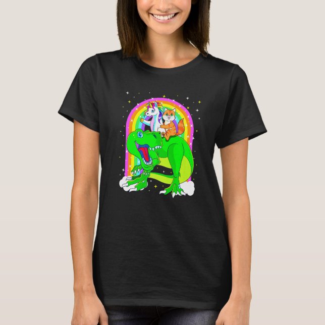 Camiseta Unicorn Riding Trex Dinossaur Cat Space Gala (Frente)
