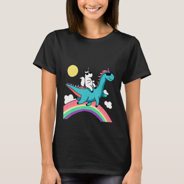 Camiseta unicorn with sunglasses riding a dinosaur and rain (Frente)