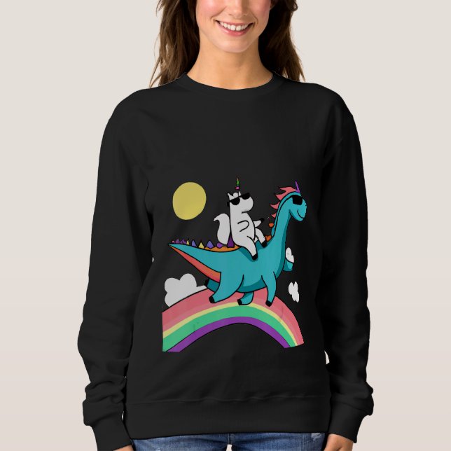 Camiseta unicorn with sunglasses riding a dinosaur and rain (Frente)
