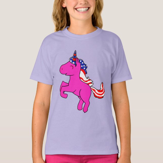 Camiseta Unicorn Yseta Rosa Patriótica EUA Sinalizador Mane (Frente)
