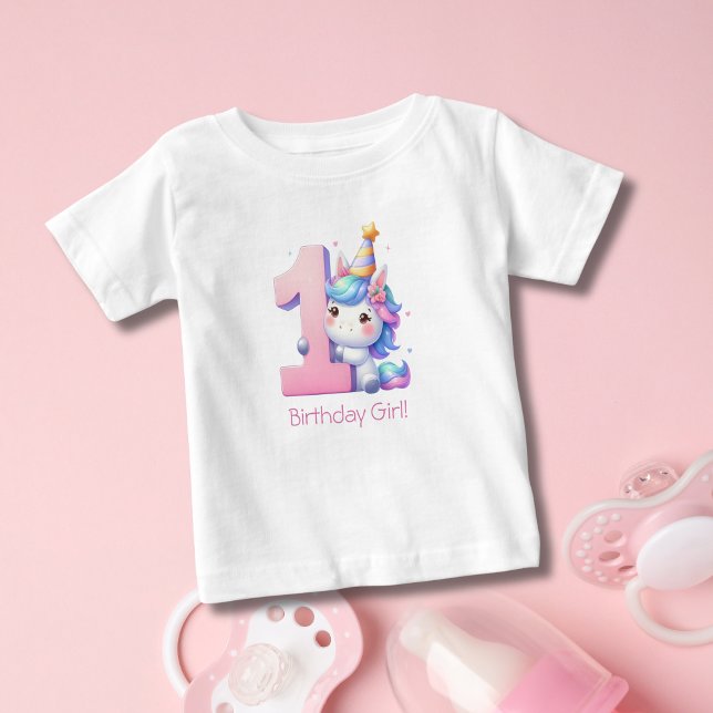 Camiseta Unicórnio 1º Aniversário Menina (Unicorn 1st Birthday T-shirt for baby girl. Personalize it with her name or text)