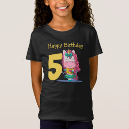 Camiseta Unicórnio Amarelo Aniversário de 5 anos