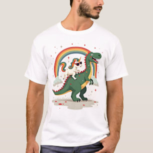 Camiseta Unicórnio Arco-Íris Montando T rex - Dinossauro Me