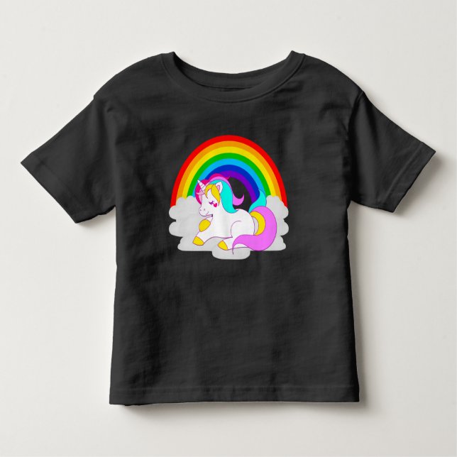 Camiseta Unicórnio Branco na Nuvem com Rainbow Toddler Tee (Frente)