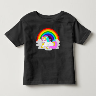 Camiseta Unicórnio Branco sobre Nuvem com Rainbow Toddler 