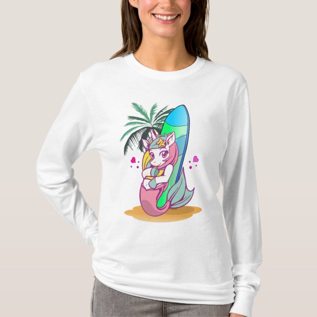 Camiseta Unicórnio com prancha na praia (Frente)