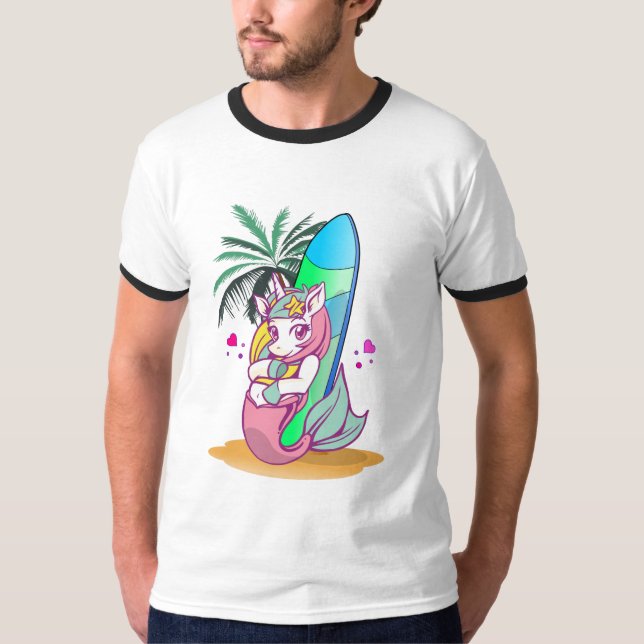 Camiseta Unicórnio com prancha na praia (Frente)