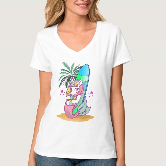 Camiseta Unicórnio com prancha na praia (Frente)