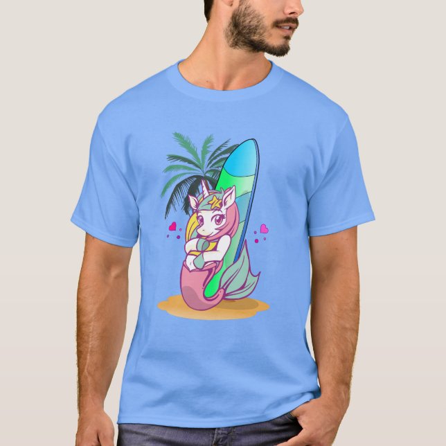 Camiseta Unicórnio com prancha na praia (Frente)