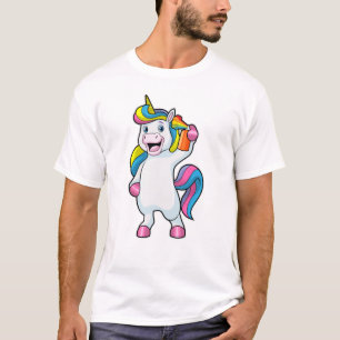 Camiseta Unicórnio como cabeleireiro com spray de cabelo