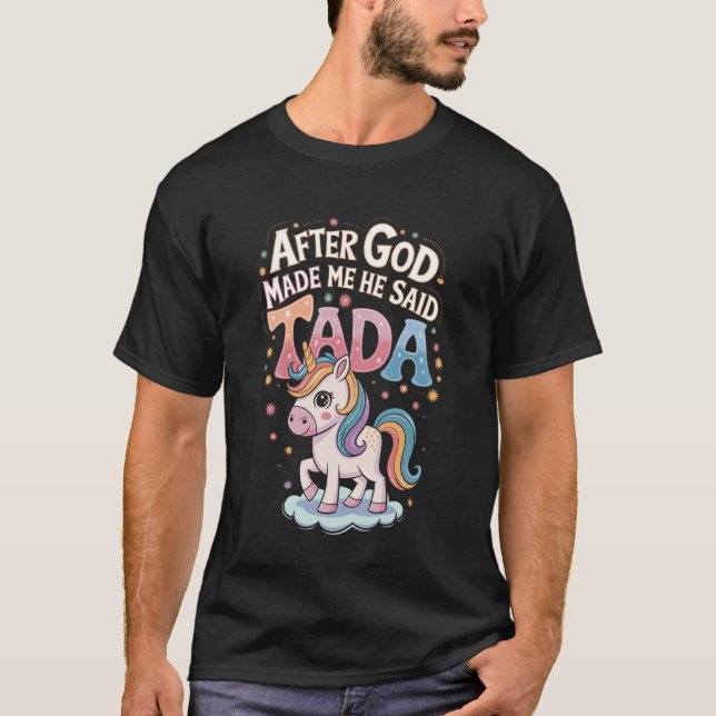 Camiseta Unicórnio Cristão Engraçado Design Ta-da (Frente)
