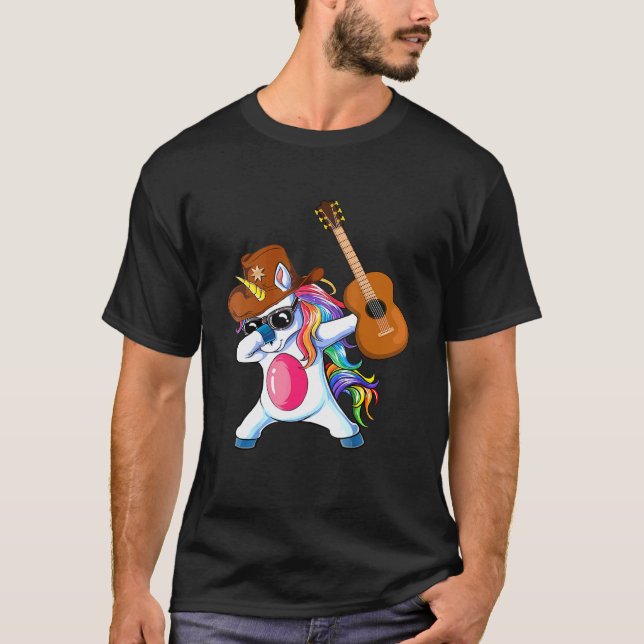Camiseta Unicórnio Dançando e Tocando Violão Homens Mulhere (Frente)