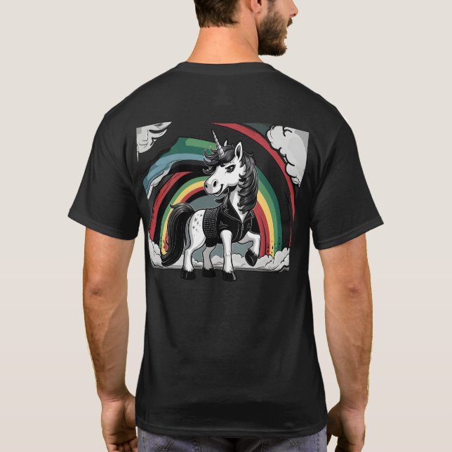 Camiseta Unicórnio de Cartoon de Metal Pesado com Rocker Vi (Verso)